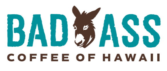 A logo for badass coffee of hawaii with a donkey on it