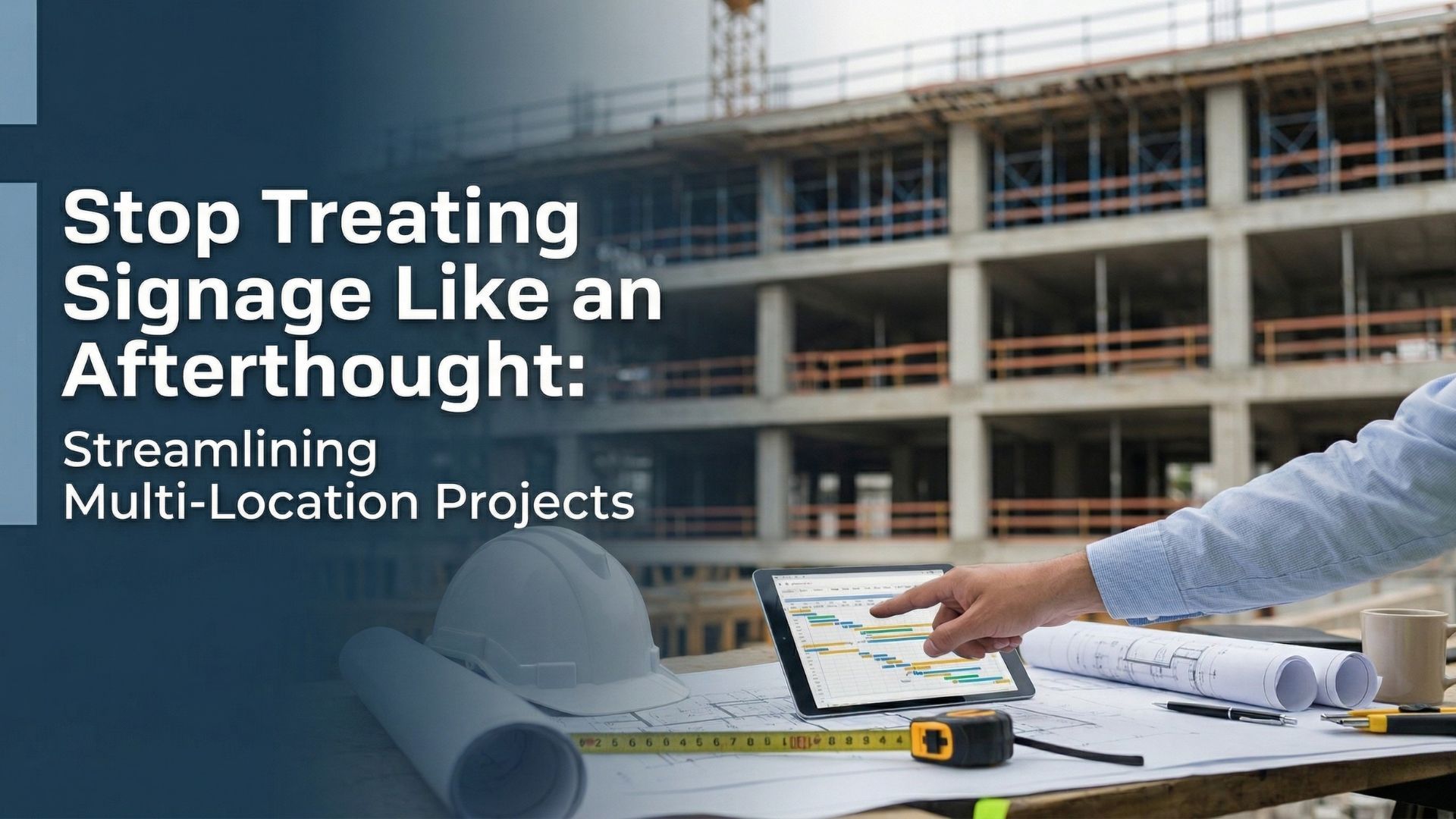 A person points to a tablet screen on a blueprint-covered desk in front of a building under construction.
