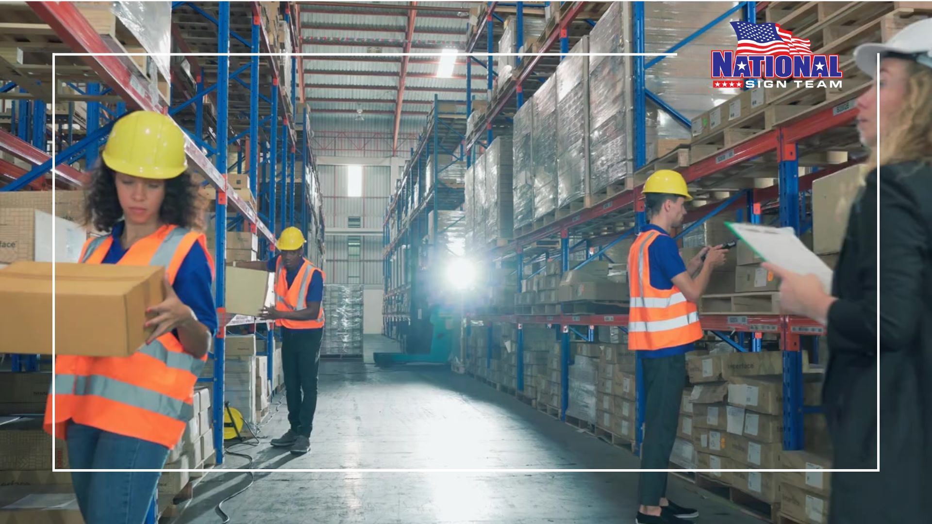 A group of people are working in a warehouse.