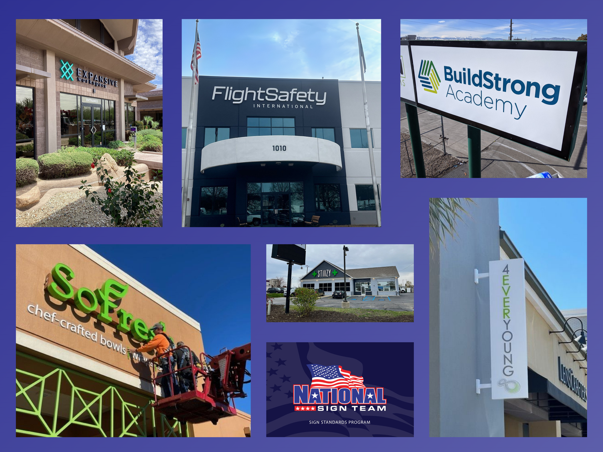 A collage of signs on buildings including one that says buildstrong academy