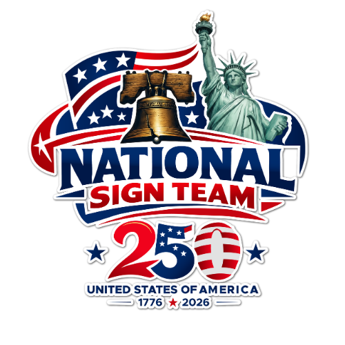 The national sign team logo has an american flag on it