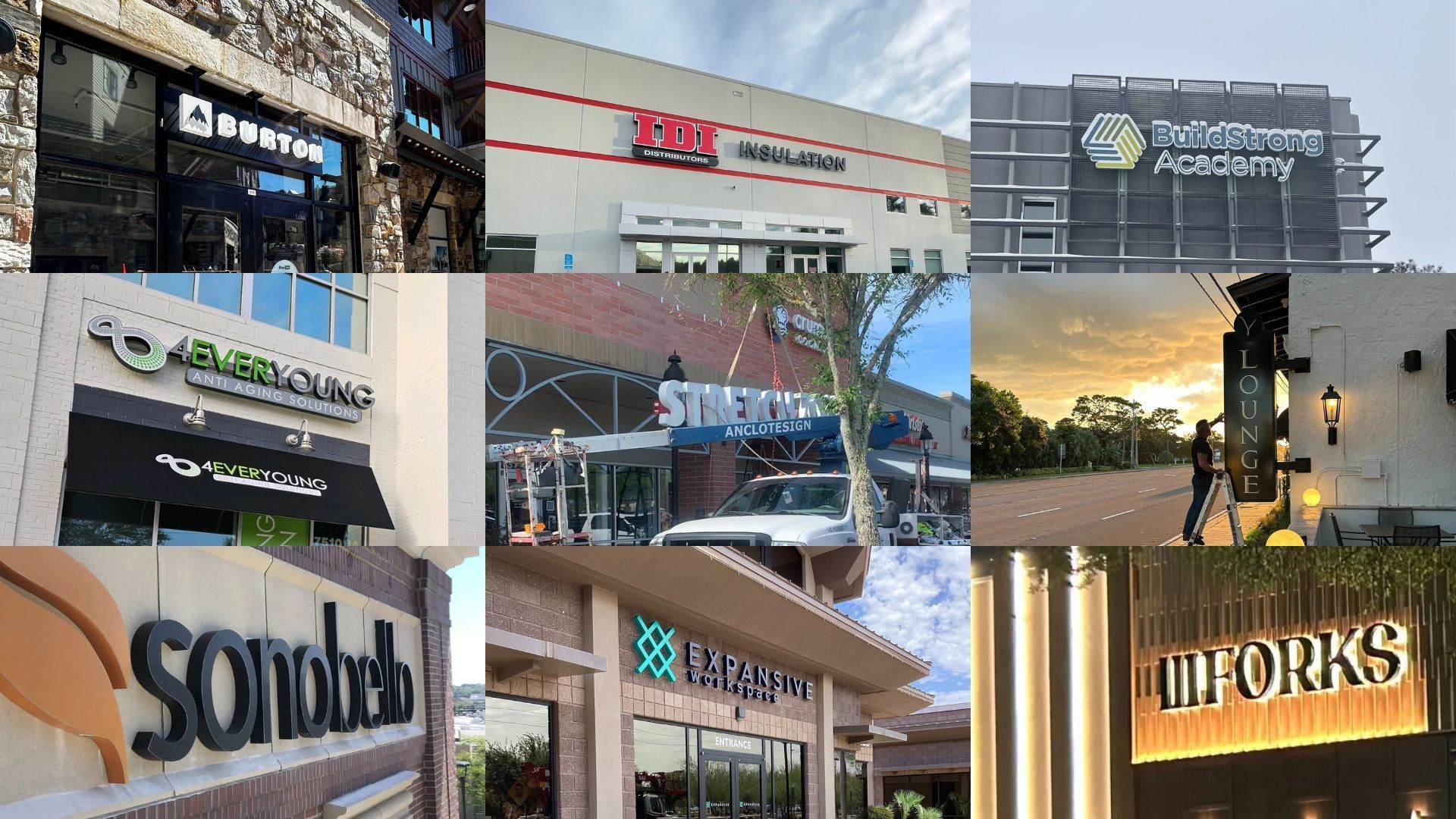 There are many different types of signs on the buildings.