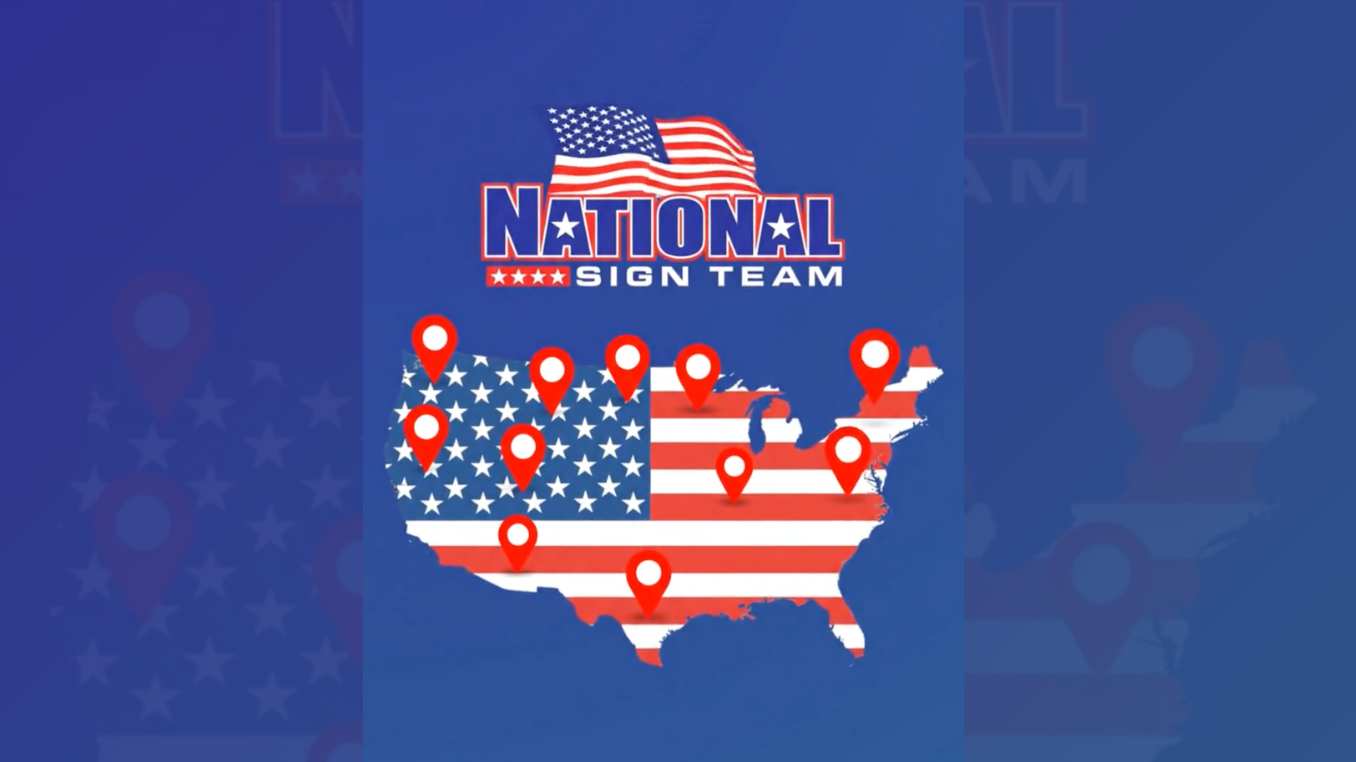 Map of the U.S. with flag, red pins, and