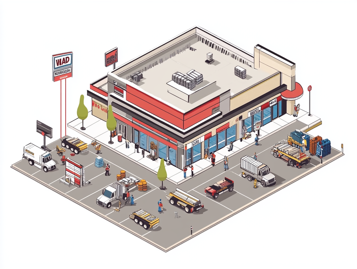 An isometric illustration of a fast food restaurant and parking lot.