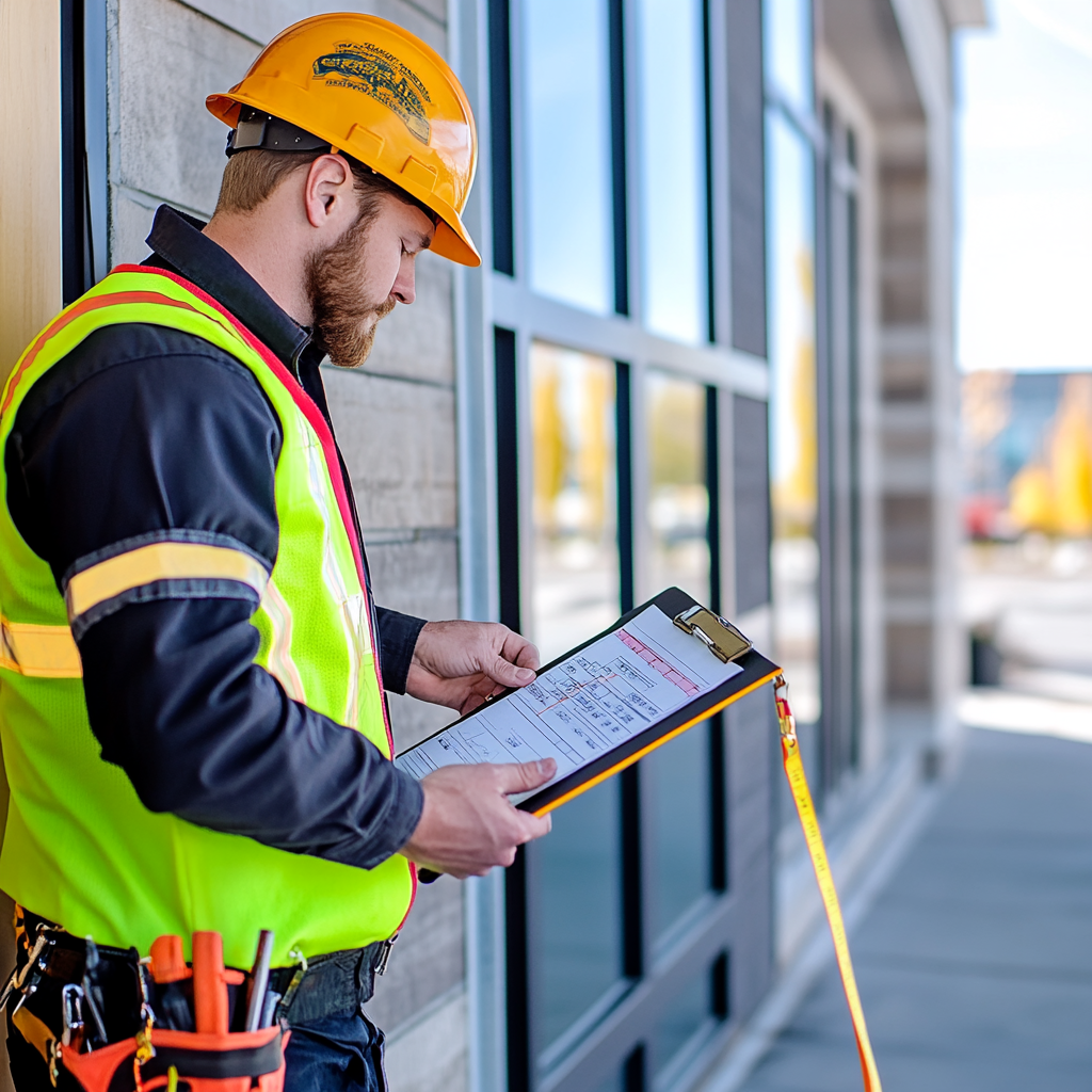 A construction worker wearing a hard hat and safety vest is looking at a clipboard.