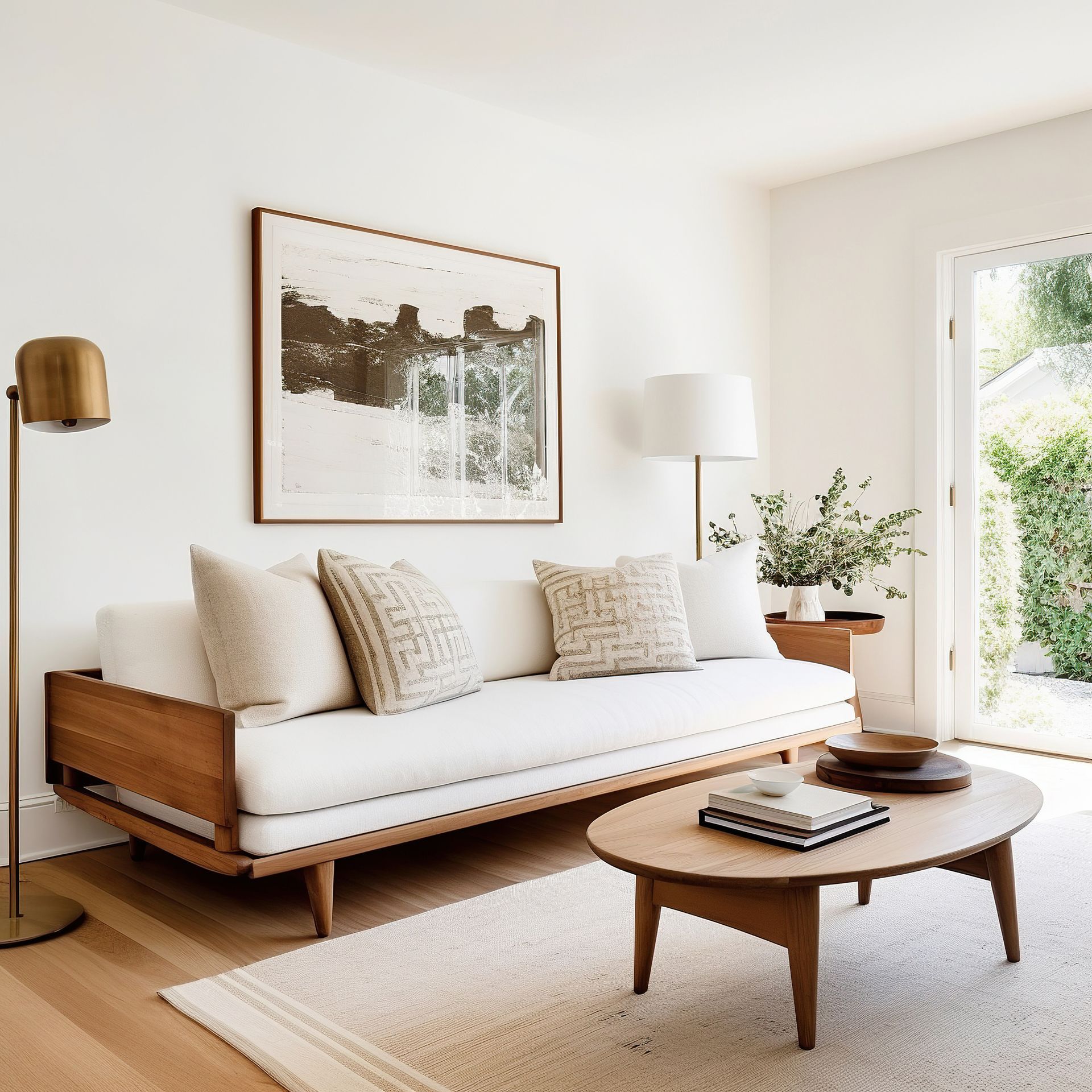 Living room with a white sofa, wooden coffee table, and artwork, bathed in natural light, with a doorway to the outside.
