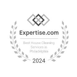Expertise.com award badge for Life Maid Easy, recognizing them as the Best House Cleaning Services in Philadelphia for 2025, featuring a laurel wreath design and a turquoise and blue color scheme.