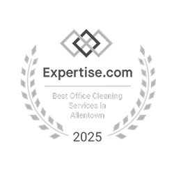 Award badge for Life Maid Easy, recognizing it as the Best Office Cleaning Services in Allentown by Expertise.com for 2025, featuring a decorative laurel wreath and a blue-green logo