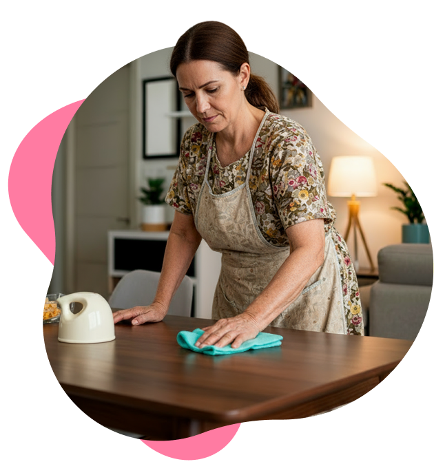 Smiling woman in a yellow top holding a pink duster, surrounded by playful pink shapes, representing Life Maid Easy's friendly cleaning services in Philadelphia.