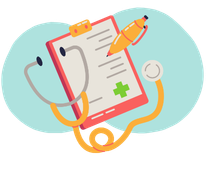 A healthcare clipboard with a stethoscope and a pen.