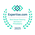 Expertise.com award badge for Life Maid Easy, recognizing them as the Best House Cleaning Services in Philadelphia for 2025, featuring a laurel wreath design and a turquoise and blue color scheme.