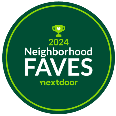 A green circle with the words neighborhood faves nextdoor on it