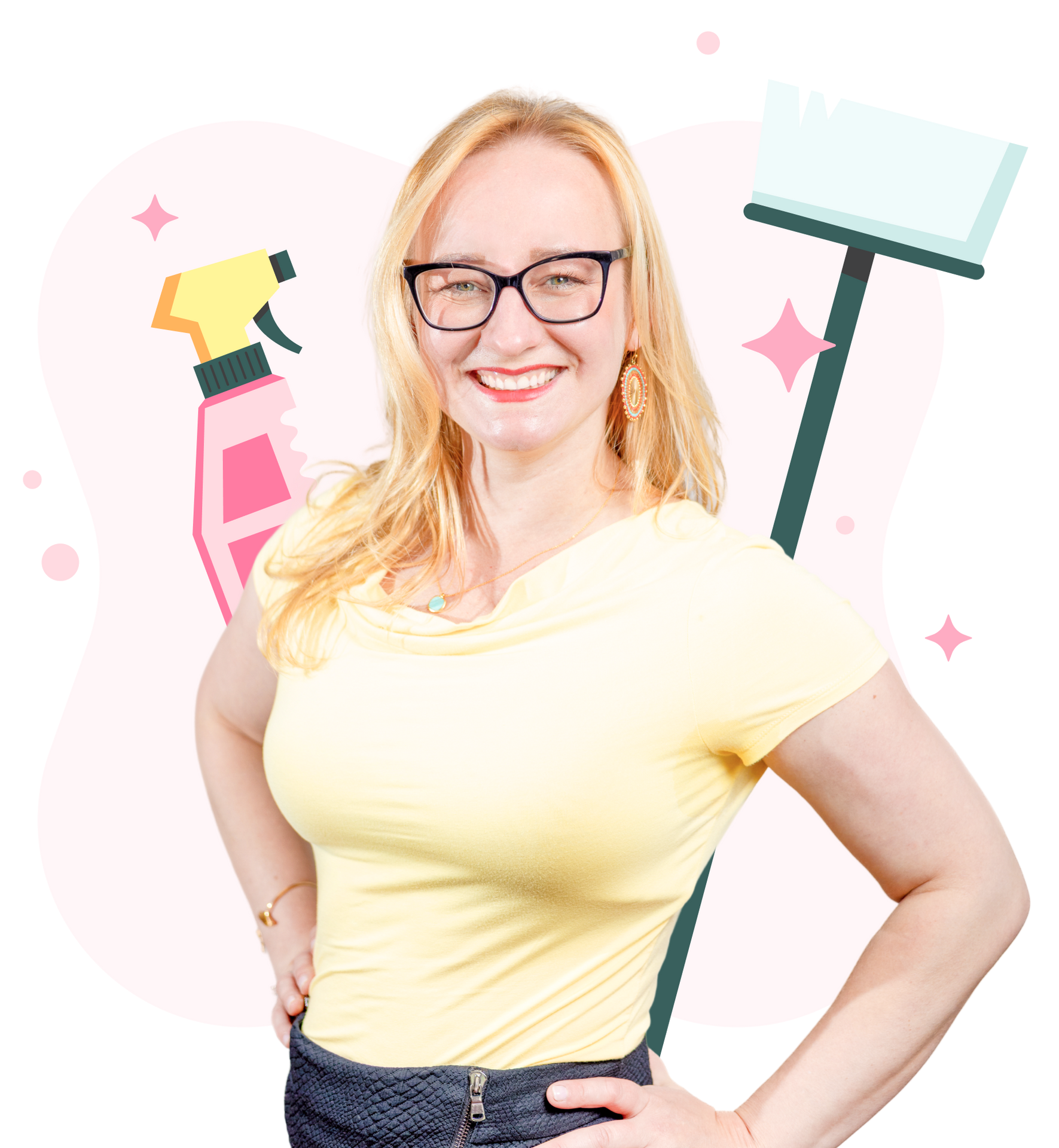 A woman wearing glasses and a yellow shirt is standing next to a spray bottle and a window wiper.