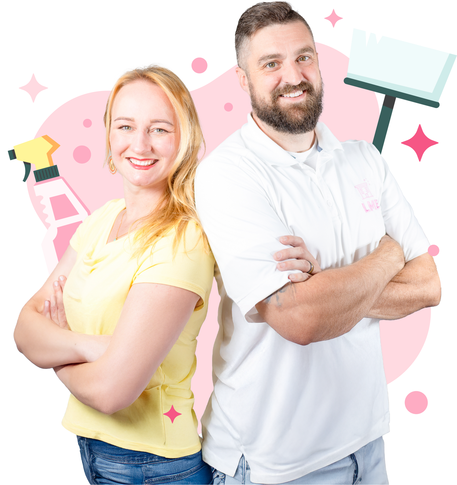 A man and a woman are standing back to back with their arms crossed.