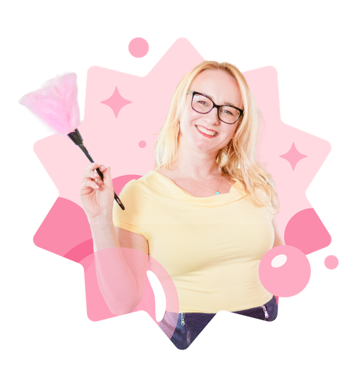 Smiling woman in a yellow top holding a pink duster, surrounded by playful pink shapes, representing Life Maid Easy's friendly cleaning services in Philadelphia.