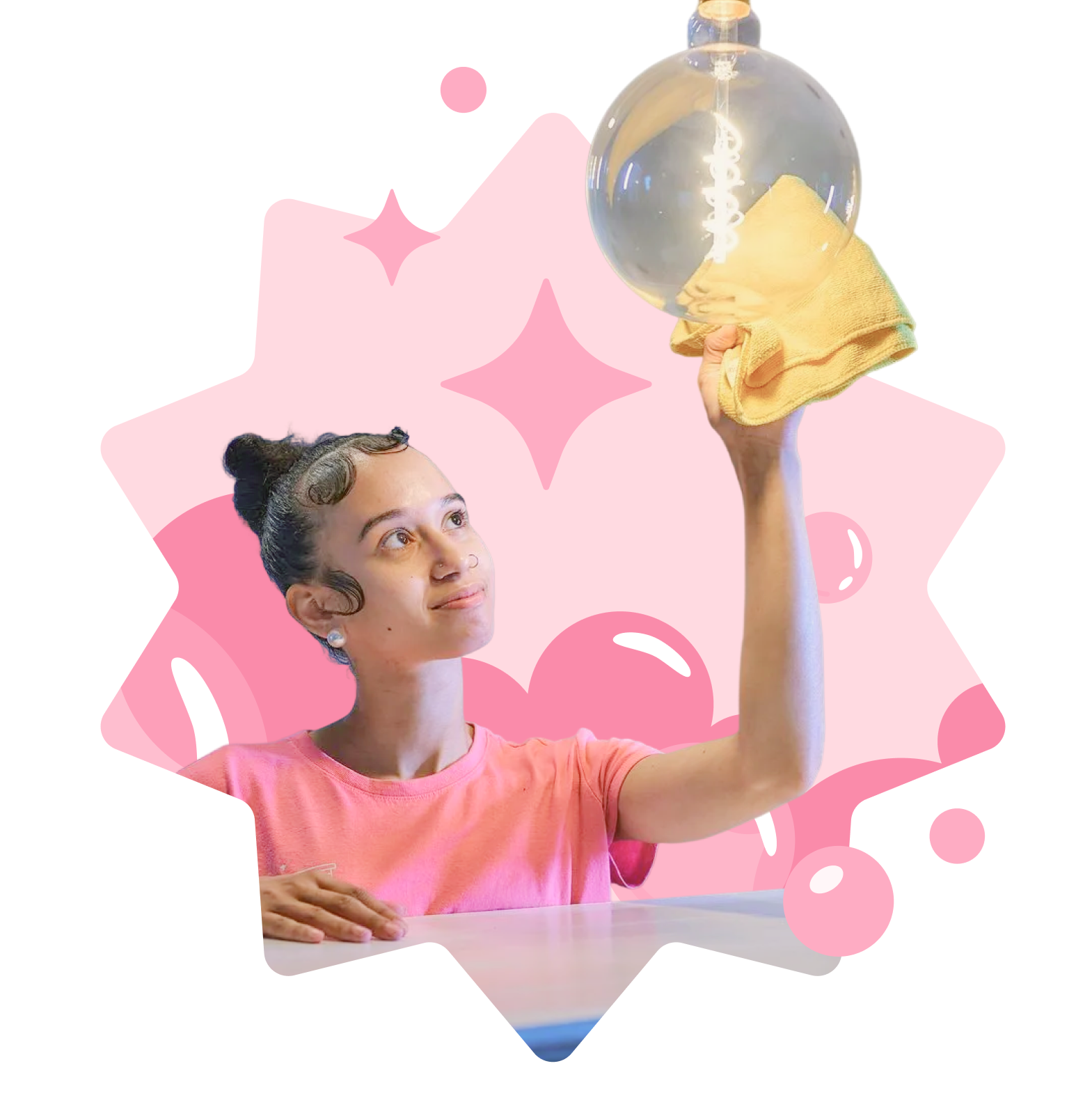 A woman wearing glasses and a yellow shirt is holding a pink duster.