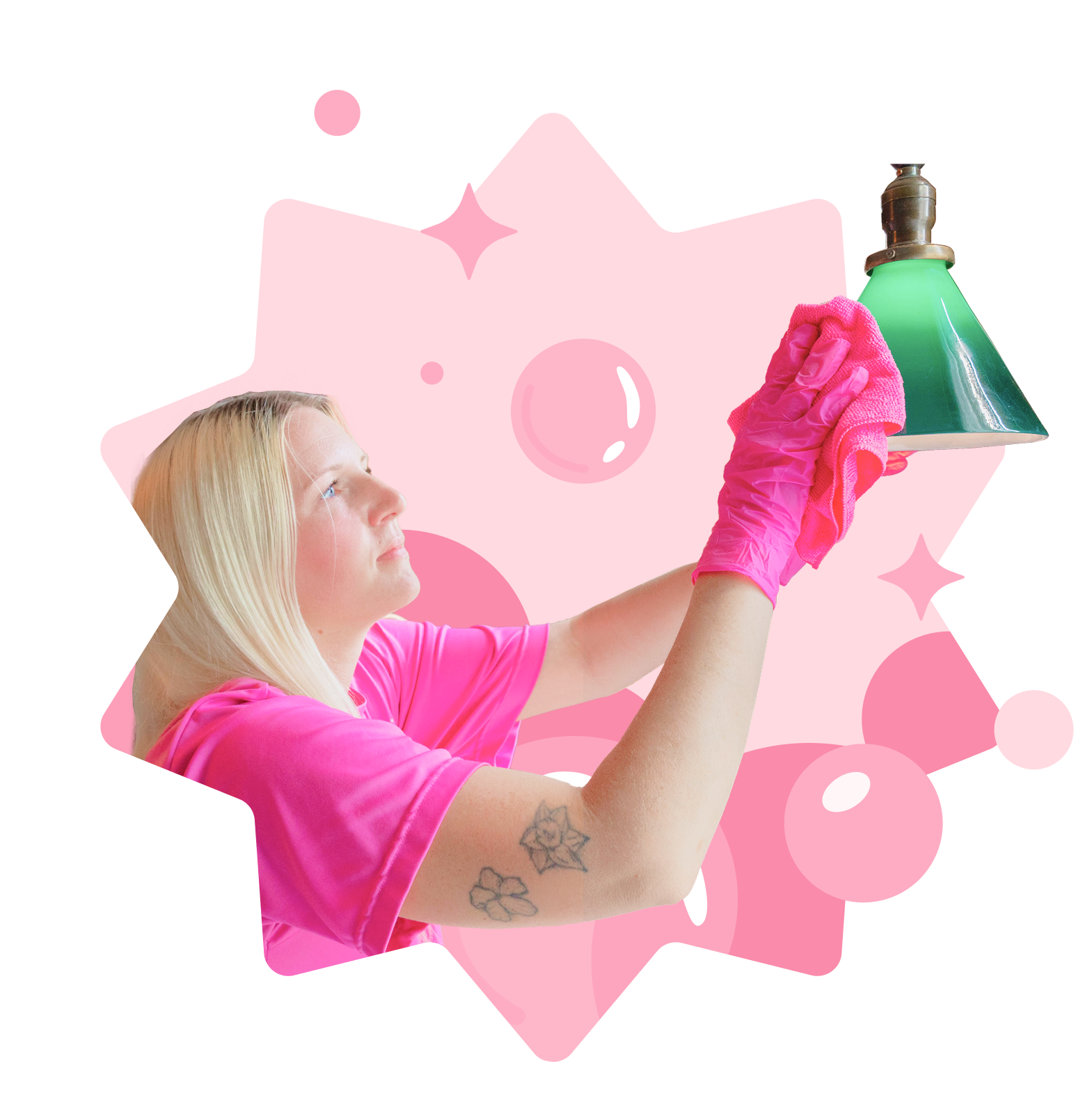 A woman wearing glasses and a yellow shirt is holding a pink duster.