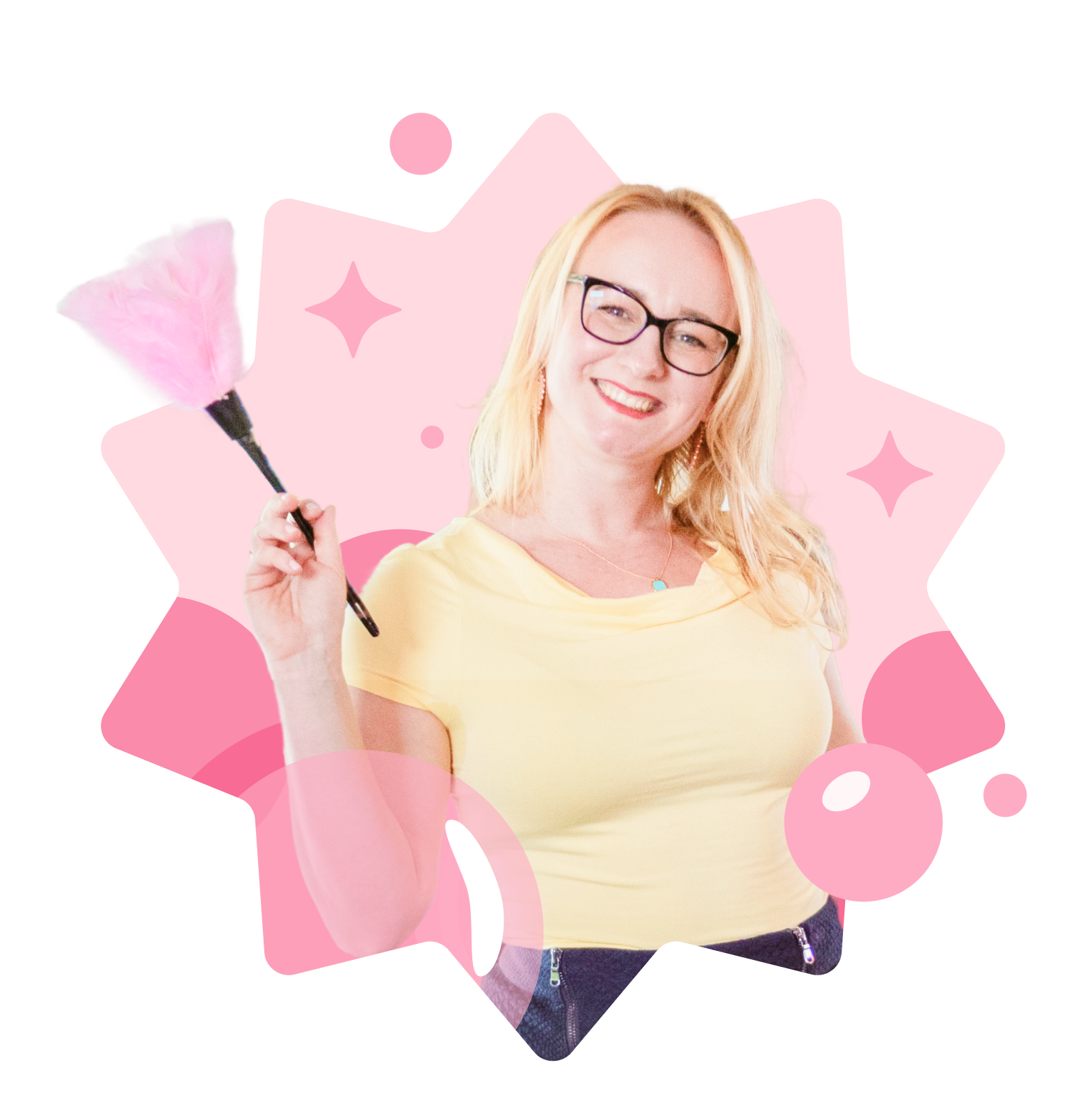 A woman wearing glasses and a yellow shirt is holding a pink duster.