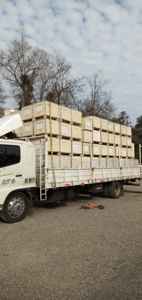 Un camión de plataforma cargado con pilas de cajas de madera, estacionado sobre grava. Cielo nublado al fondo.