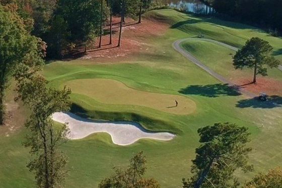An aerial view of a golf course surrounded by trees.