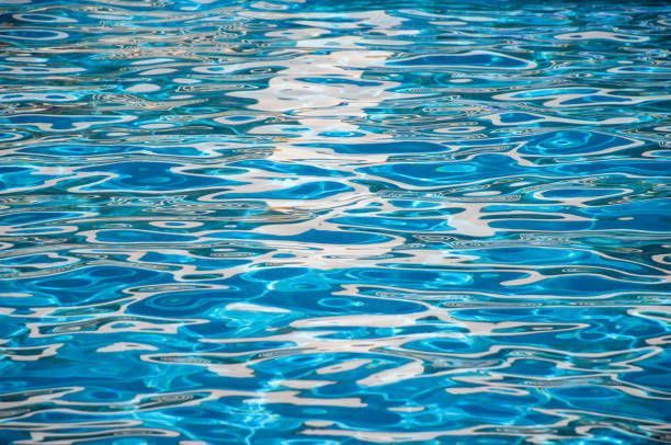 A close up of a swimming pool with blue water and waves.