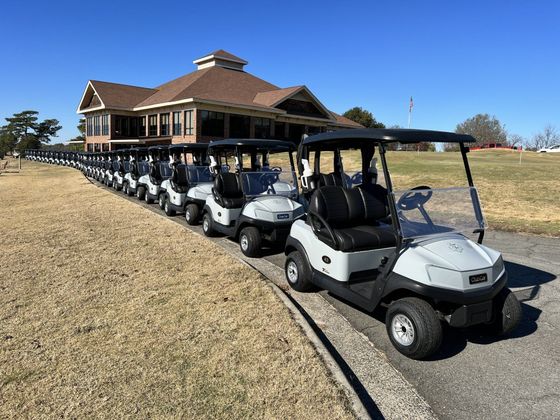 A row of golf carts are parked on the side of the road in front of a house.