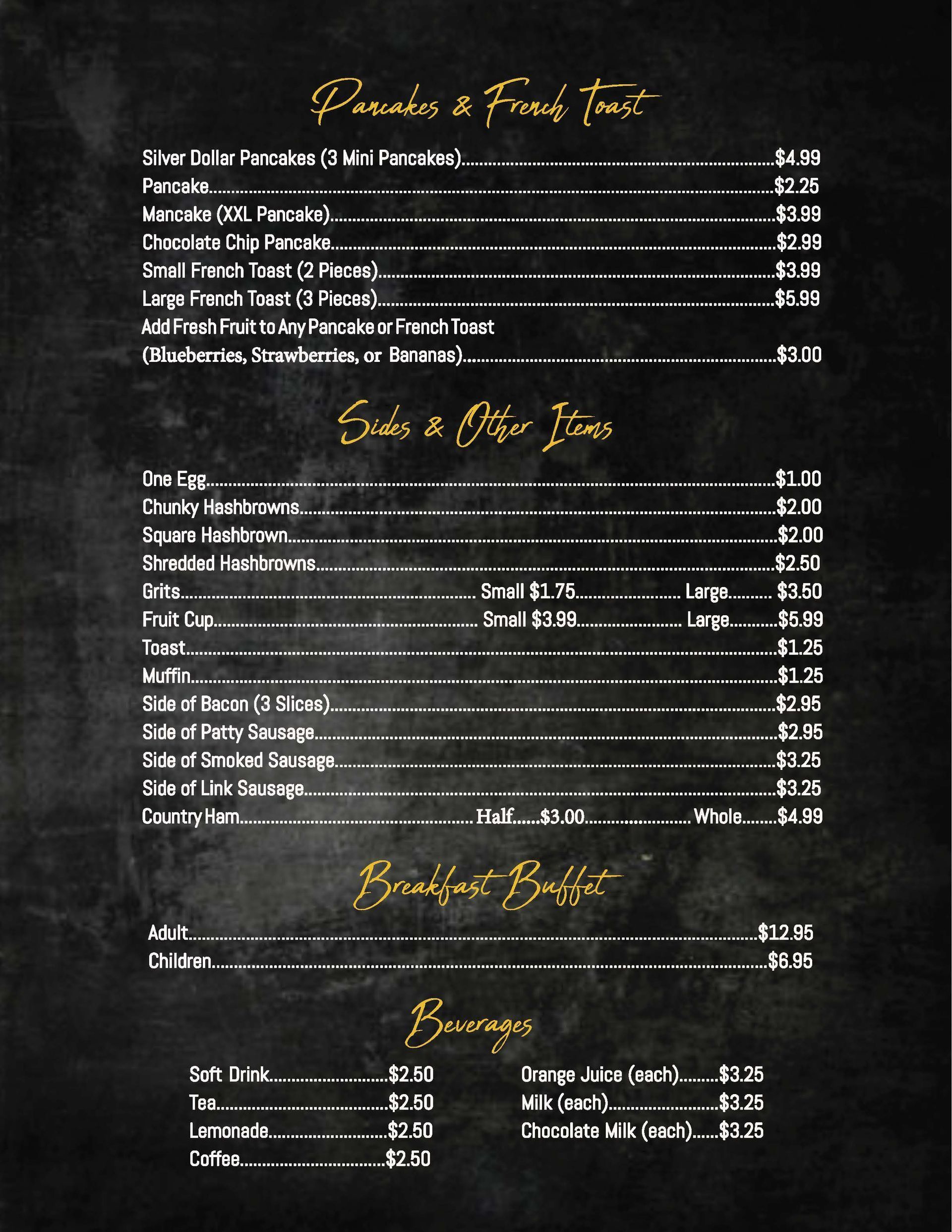 A menu for a restaurant with a chalkboard background