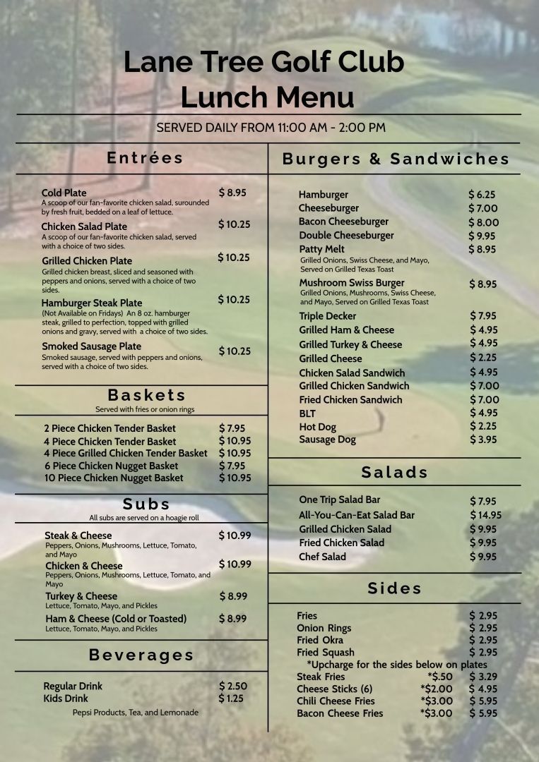 A menu for the lane tree golf club includes burgers and sandwiches