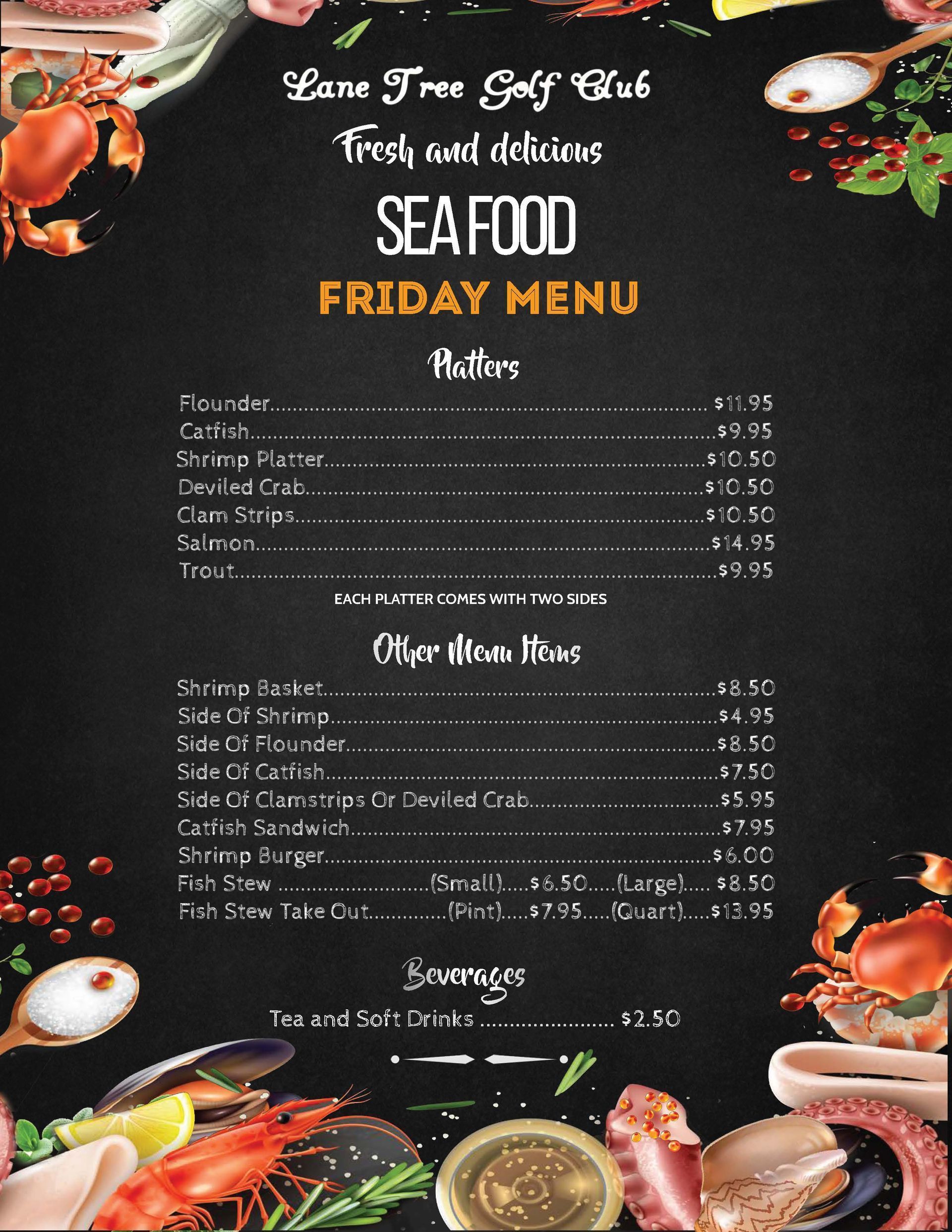 A menu for a restaurant called lane tree golf club