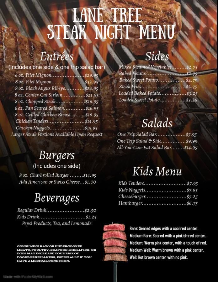 A menu for lane tree steak night menu