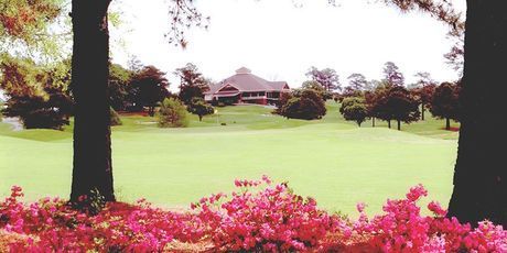 A golf course with a house in the background and pink flowers in the foreground