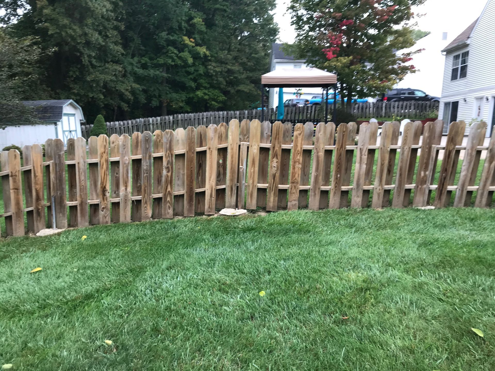 A weathered wooden fence in a backyard. Green grass, trees, and a house are visible in the background.