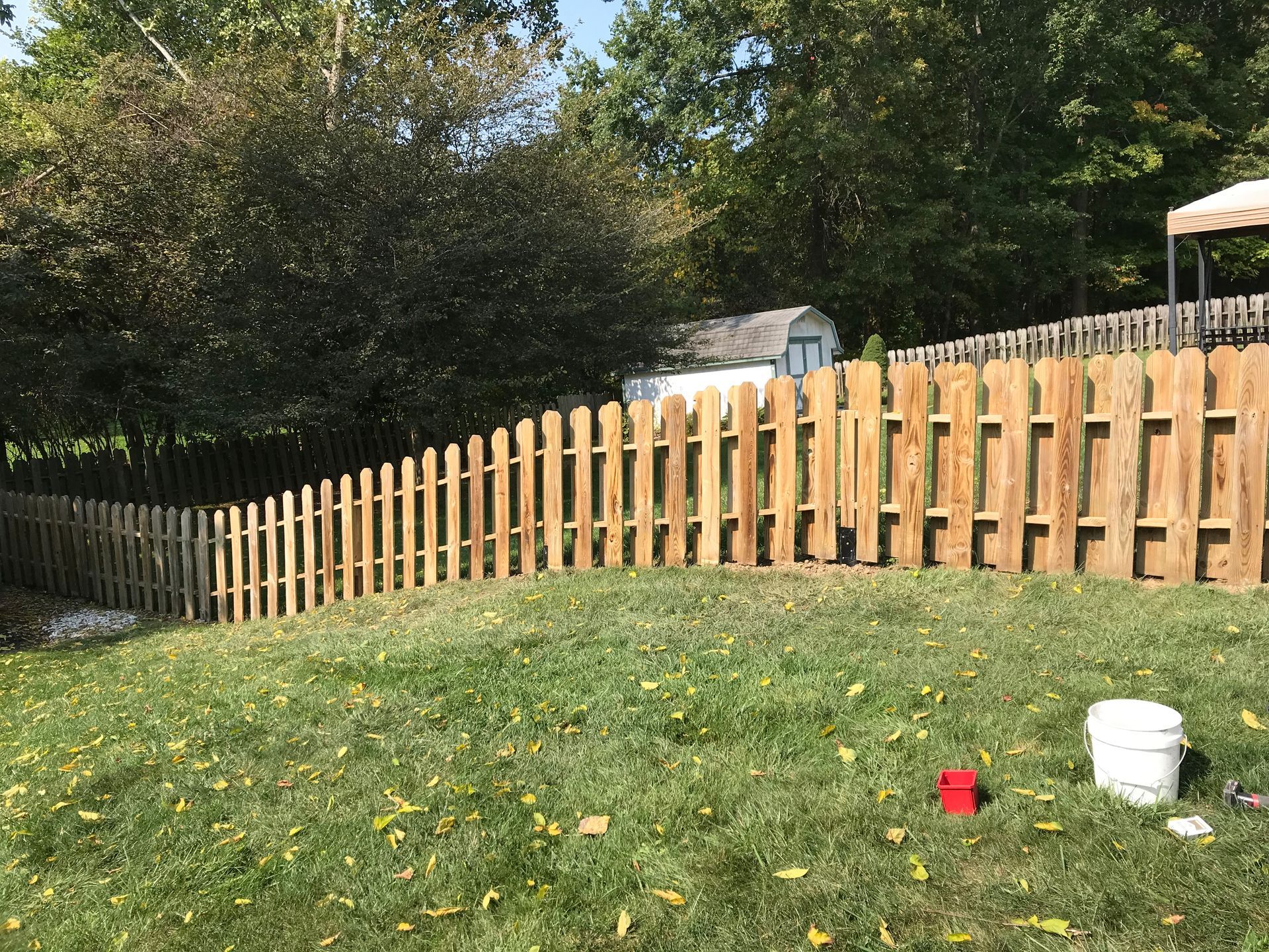 Wooden fence in a grassy yard, with trees in the background on a sunny day.