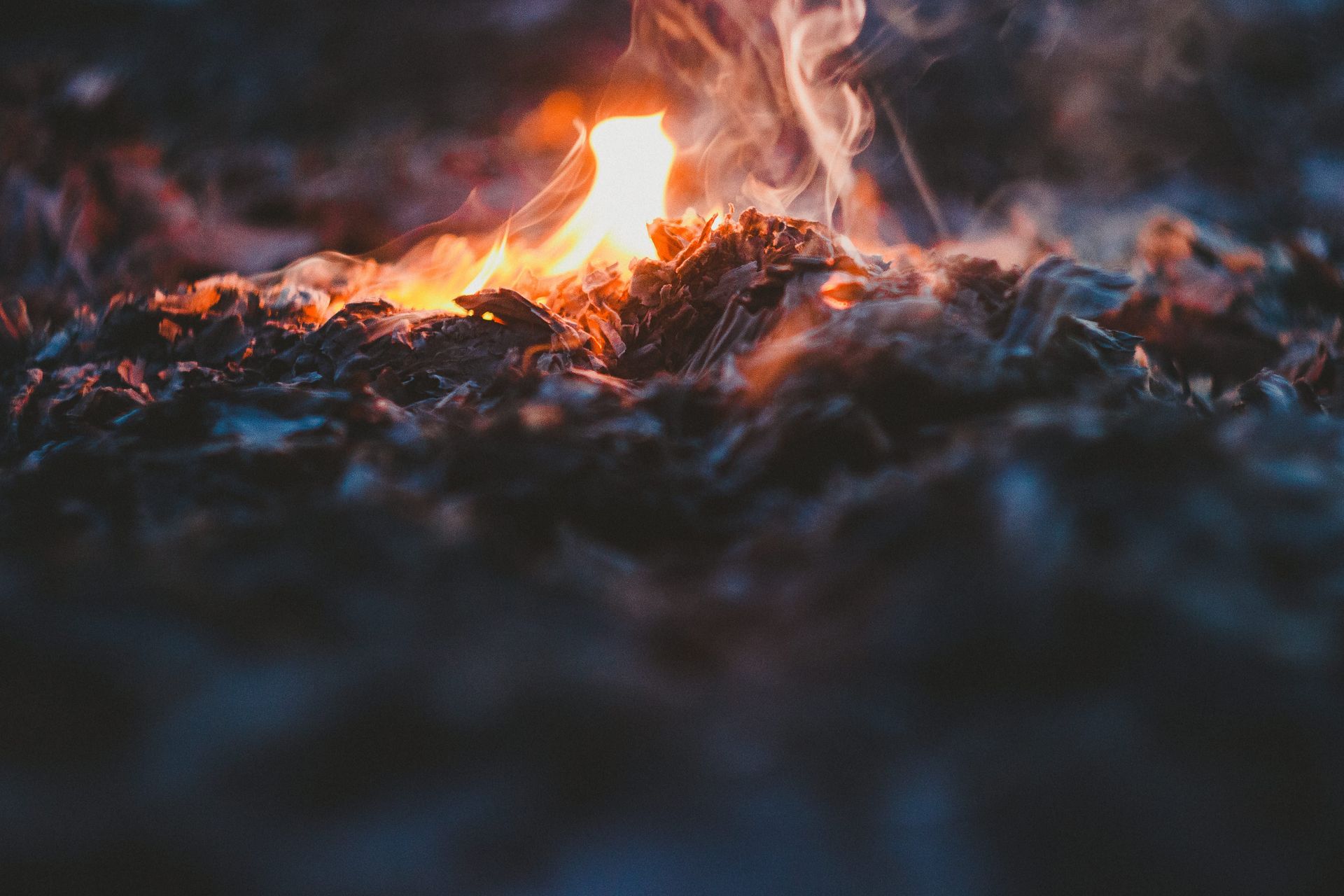 Close-up of burning embers with bright orange flames and wisps of smoke.