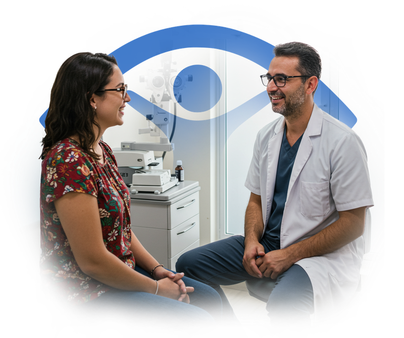 Um médico está conversando com um paciente em uma sala com o logotipo da clínica ao fundo.