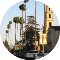 A circle with palm trees and a church in the background