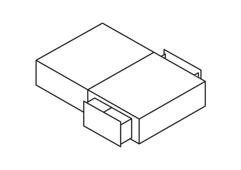 A black and white drawing of a box with a drawer underneath it.