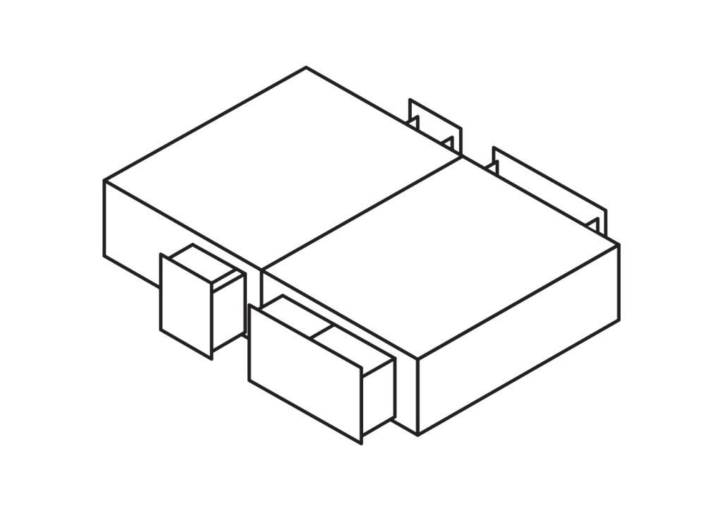 A black and white drawing of a box with two drawers on a white background.
