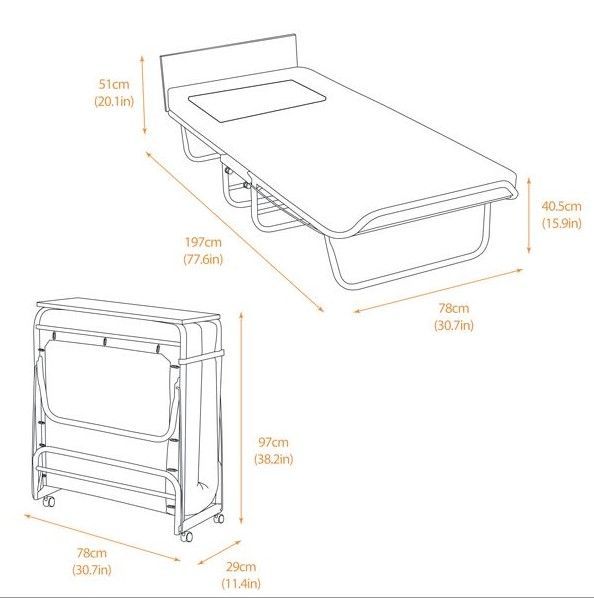 A drawing of a folding bed with measurements on a white background | Bedlam Beds Bristol