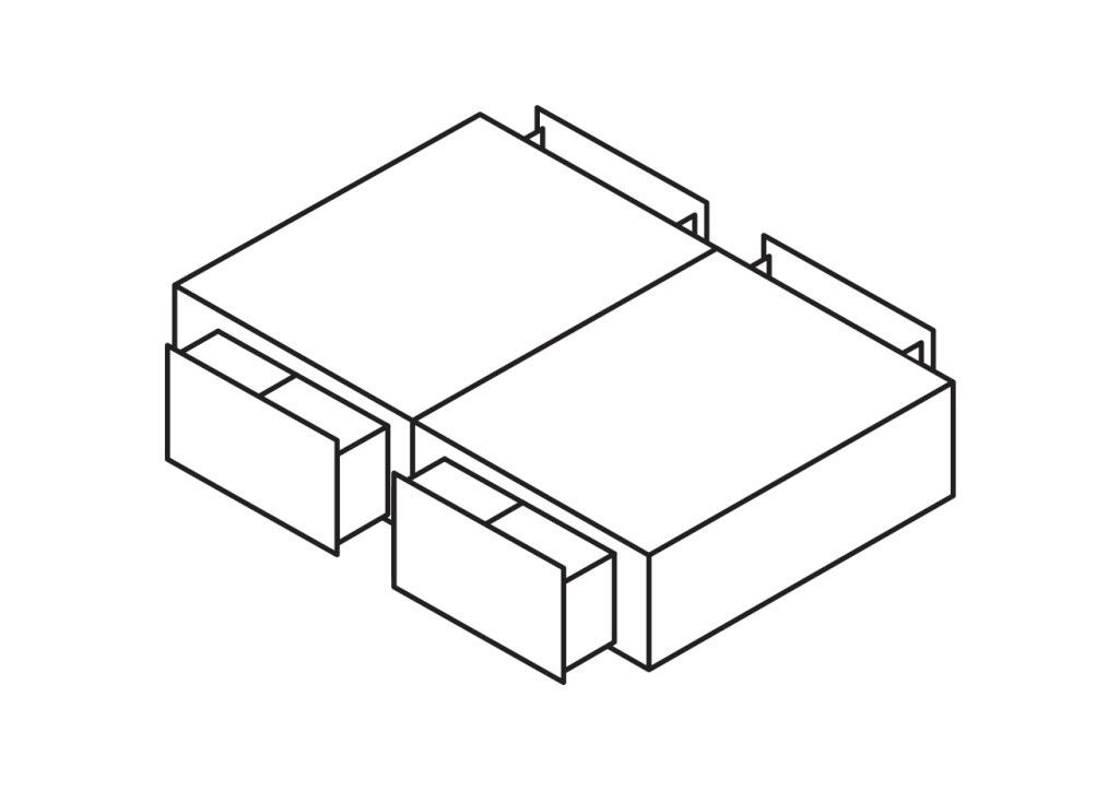 A black and white drawing of a bed with two drawers underneath it.