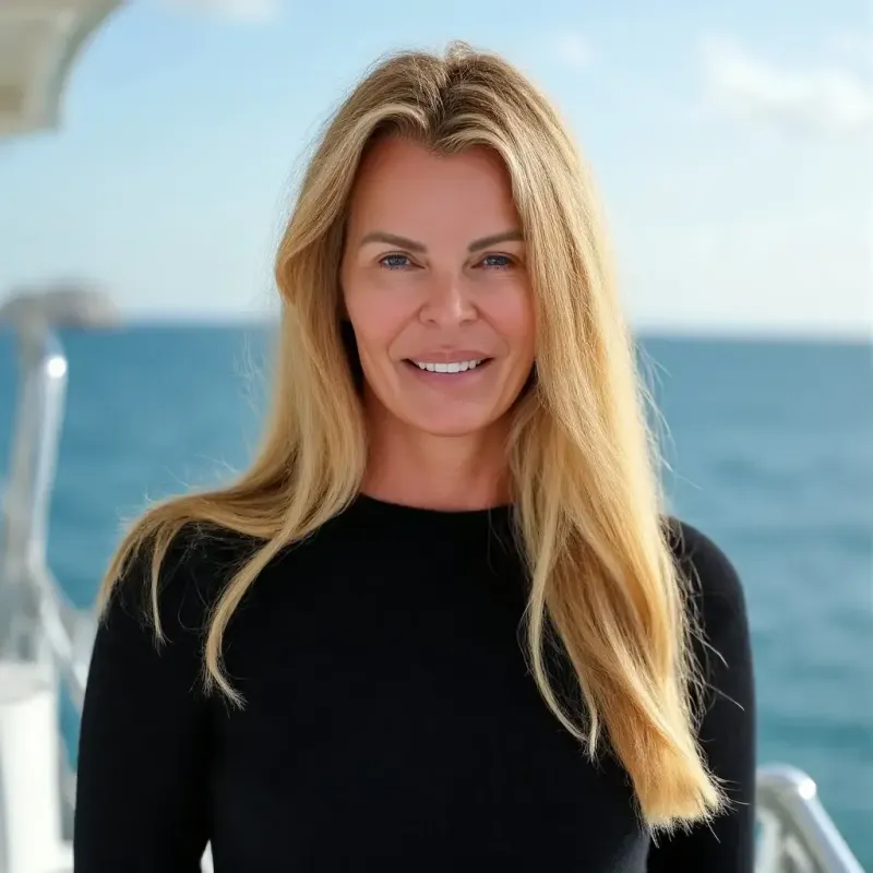 Blonde woman in a black top standing on a boat with the sea in the background