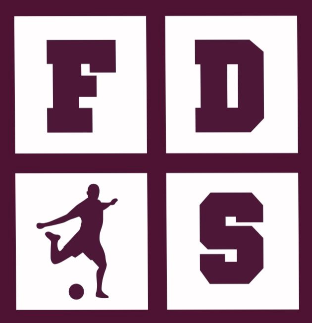 Maroon-and-white sports logo with letters F, D, and S around a soccer player silhouette