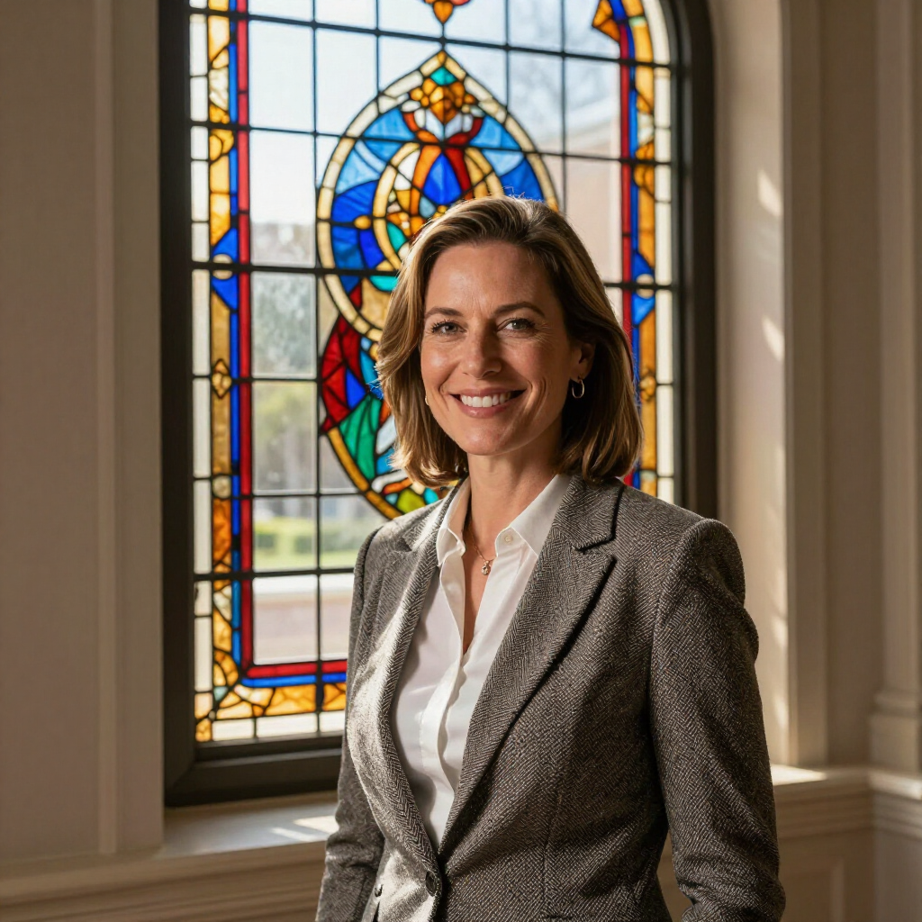 Profesional sonriente con chaqueta gris de pie junto a una vidriera.