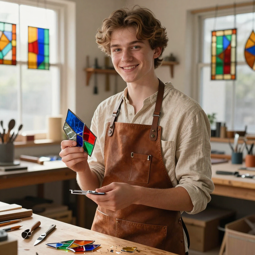 Un artesano sonriente sostiene una colorida vidriera en un taller iluminado por el sol.