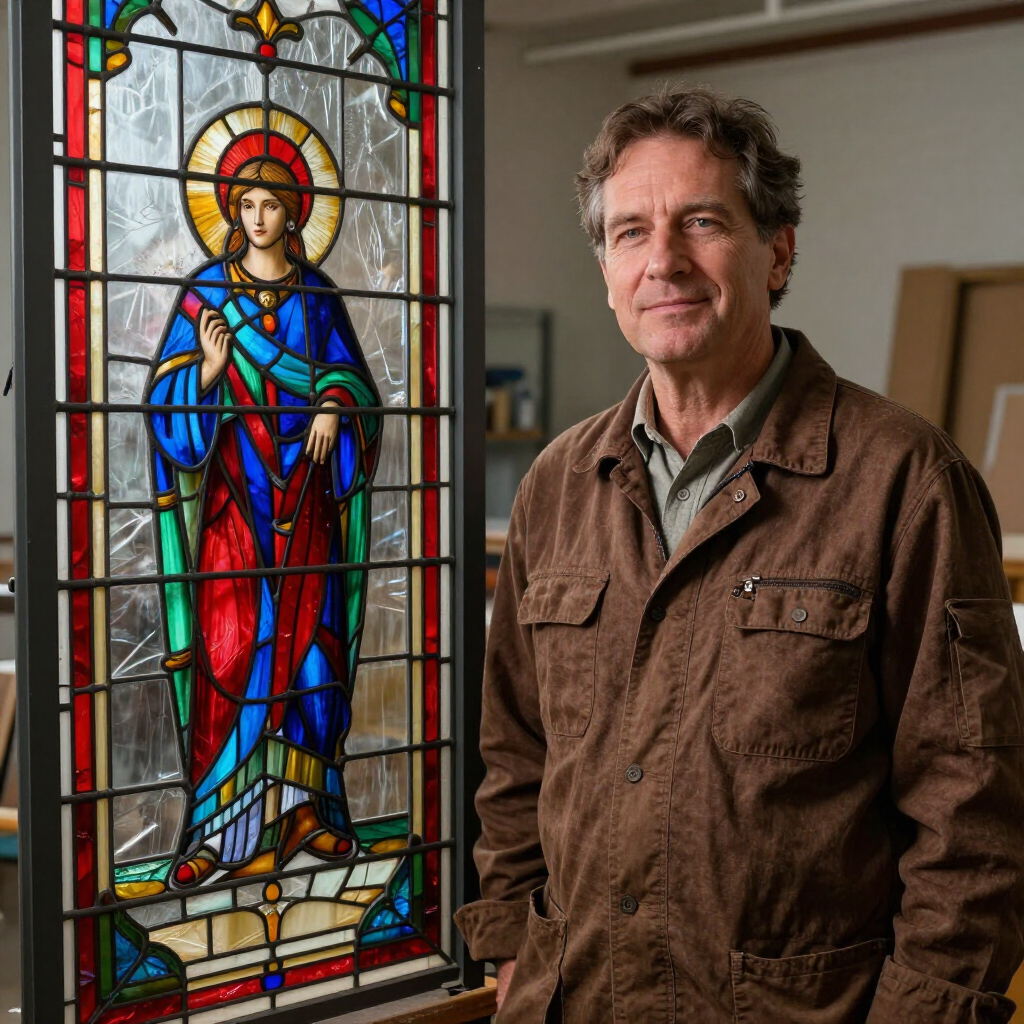 Un hombre de pie junto a un santo de vidrieras coloridas en el interior de una iglesia.
