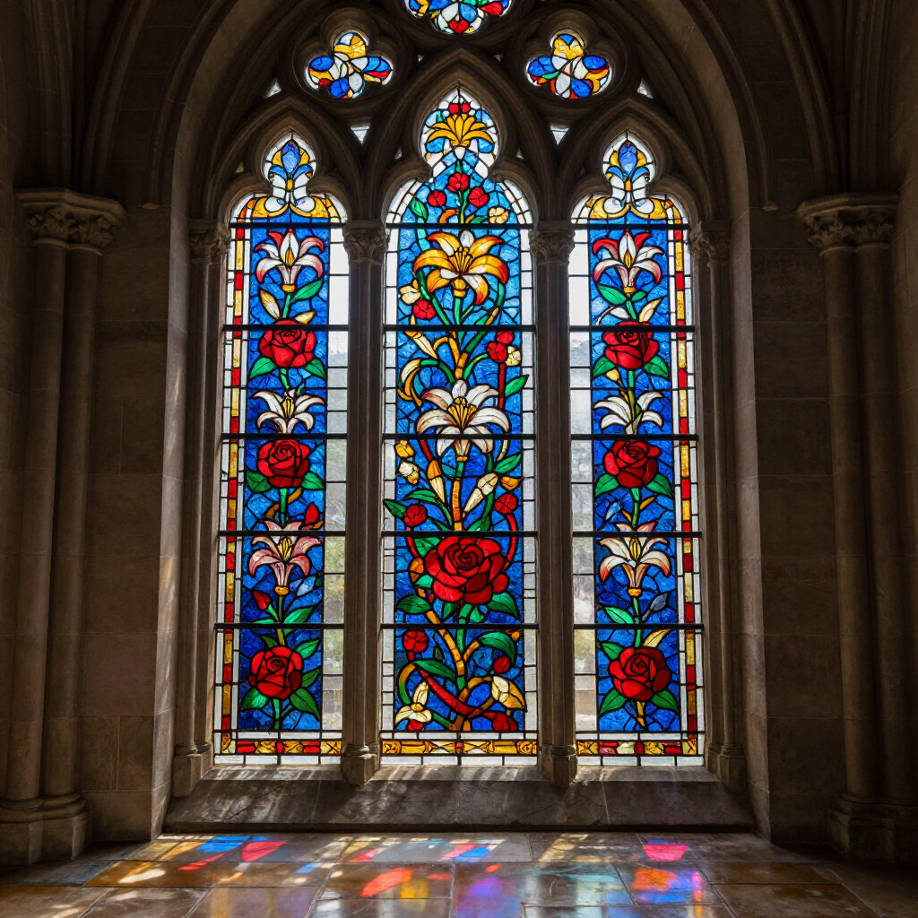 Ventana de vidrieras de catedral con motivos florales azules, rojos y dorados que proyectan una luz colorida sobre el suelo.