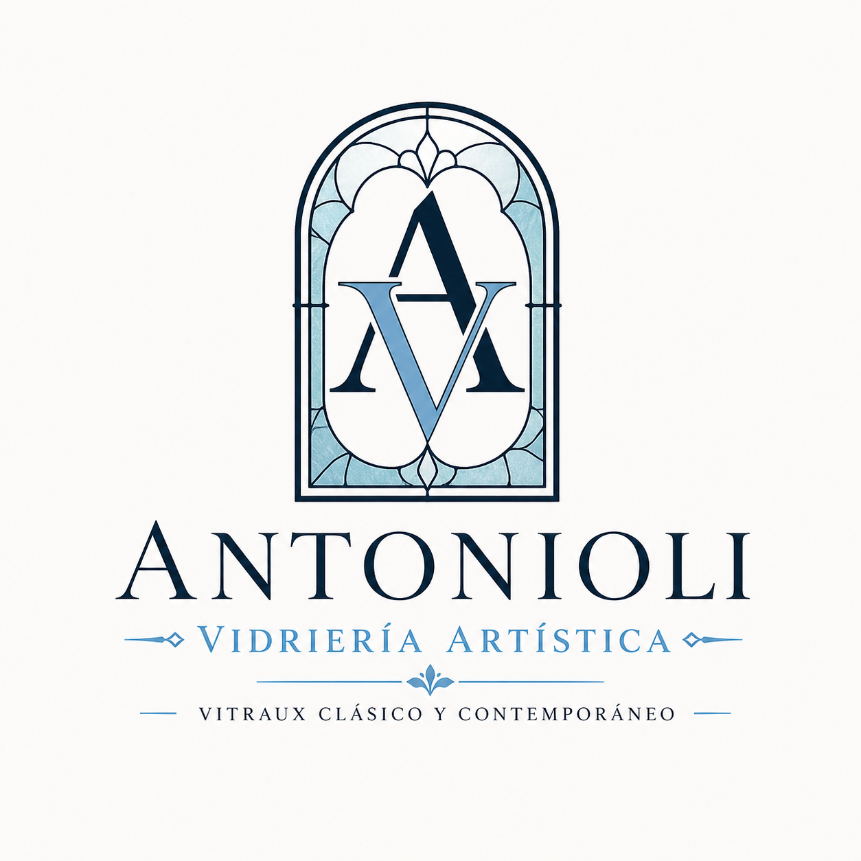 Logotipo de Antonioli Vitrería Artística con vidriera y monograma AM estilizado.