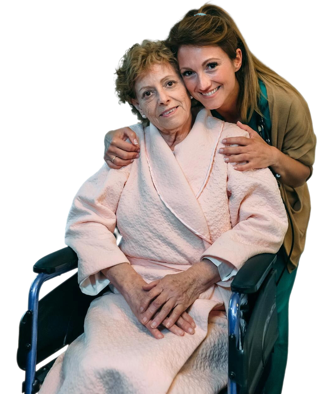 Smiling older woman with curly white hair, in white shirt, hand near neck, isolated.