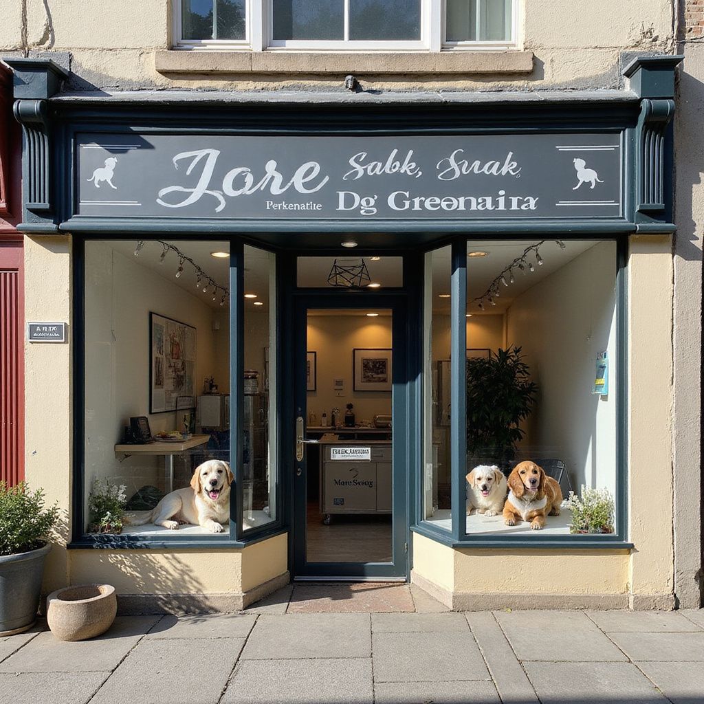Dog grooming shop exterior with three dogs in the windows. Sign above reads