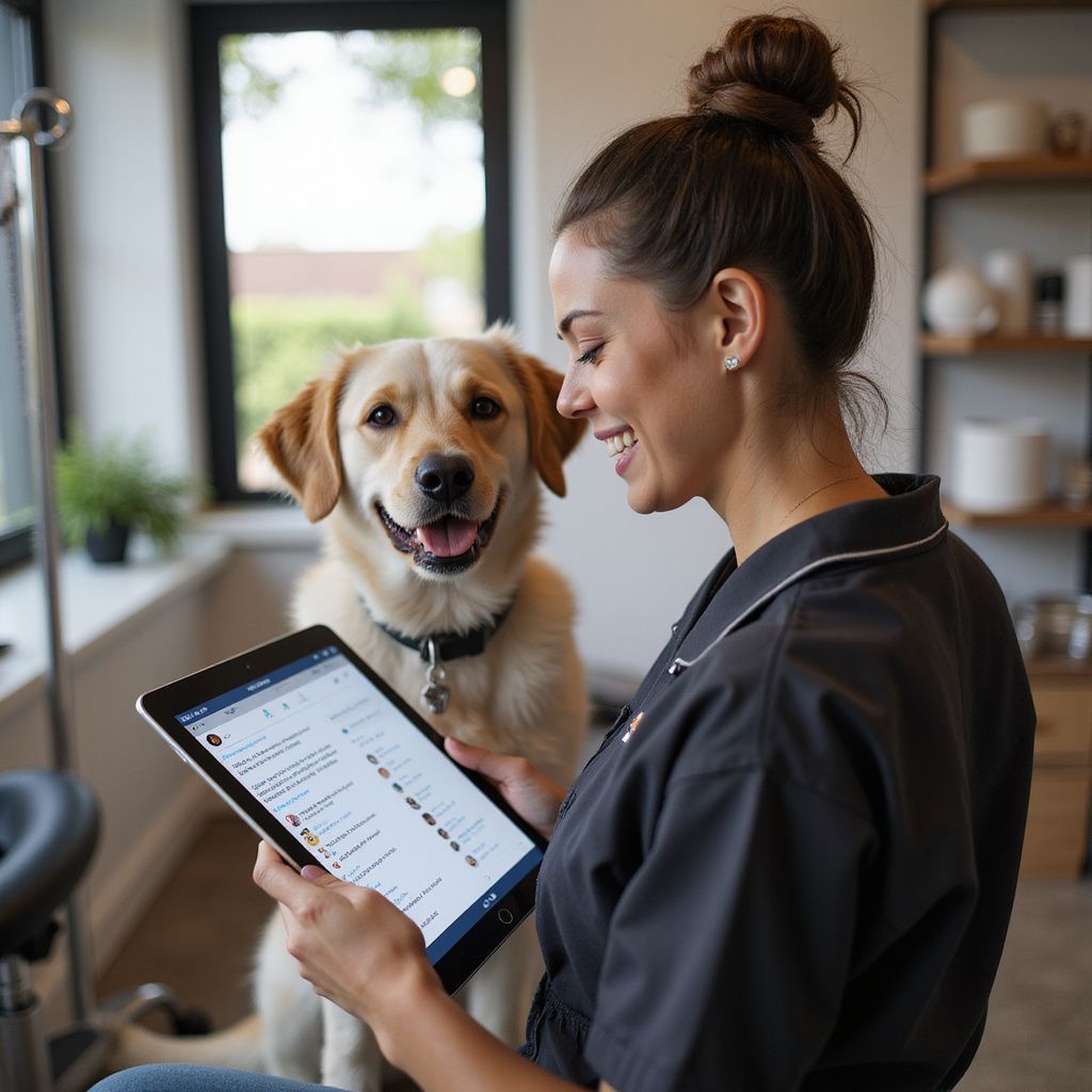 Woman in gray smock smiles, holding tablet next to a happy yellow Labrador in a pet grooming salon.